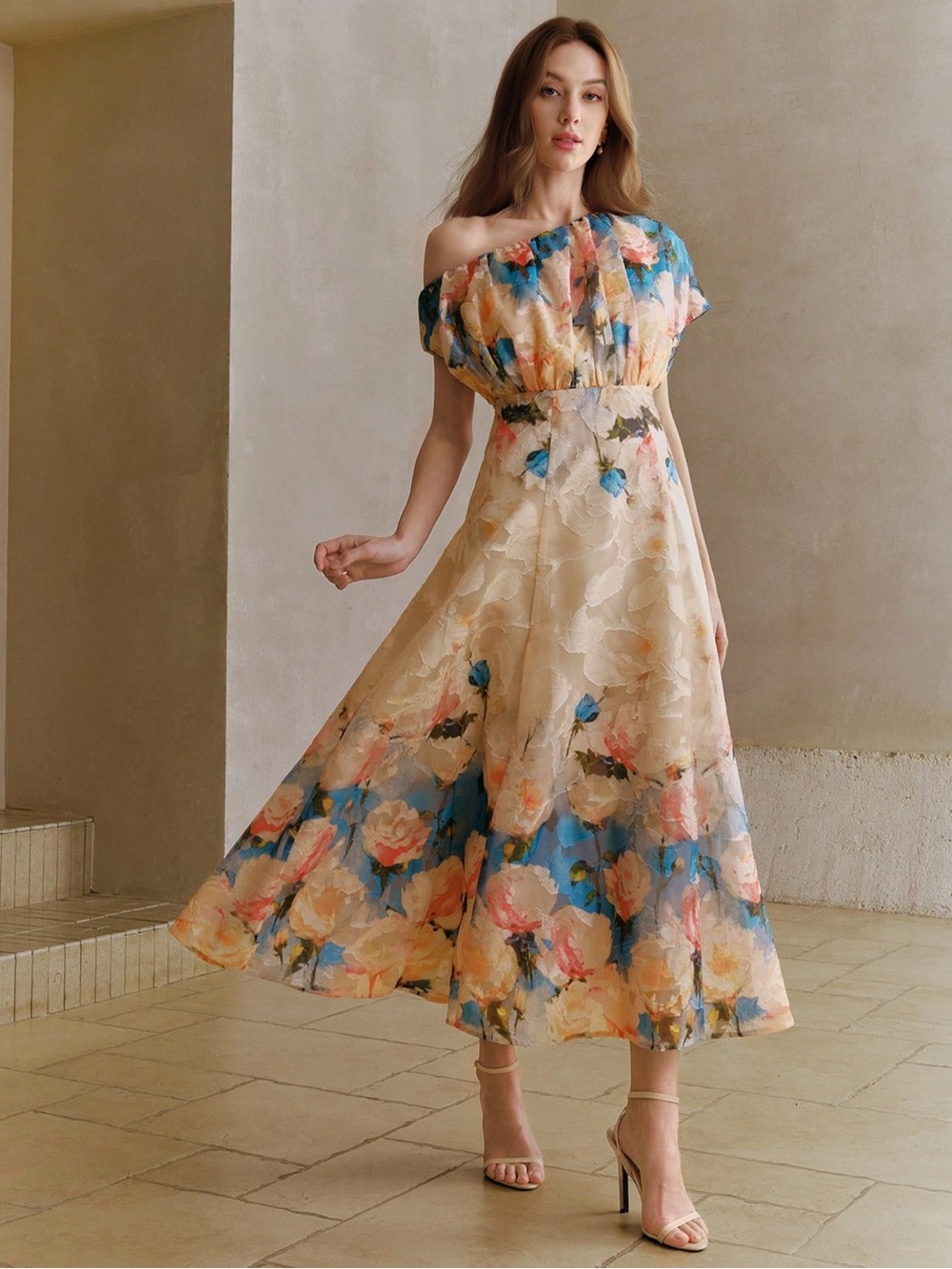 NWT Anewsta French Asymmetrical Shoulder Floral Print Dress